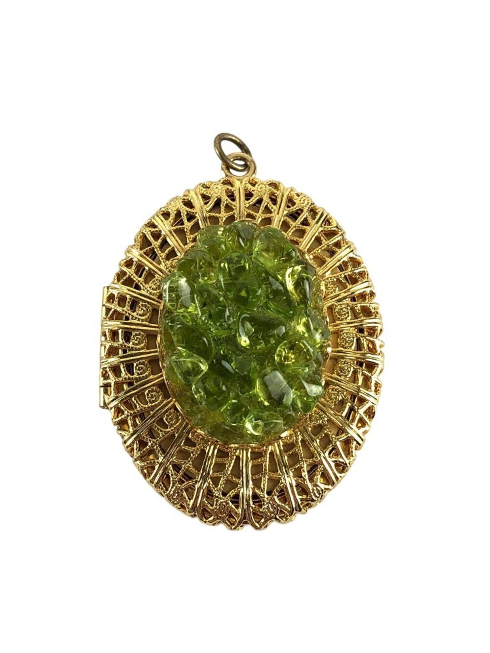 Locket Pendant Green Simulated Peridot Gold Filigree